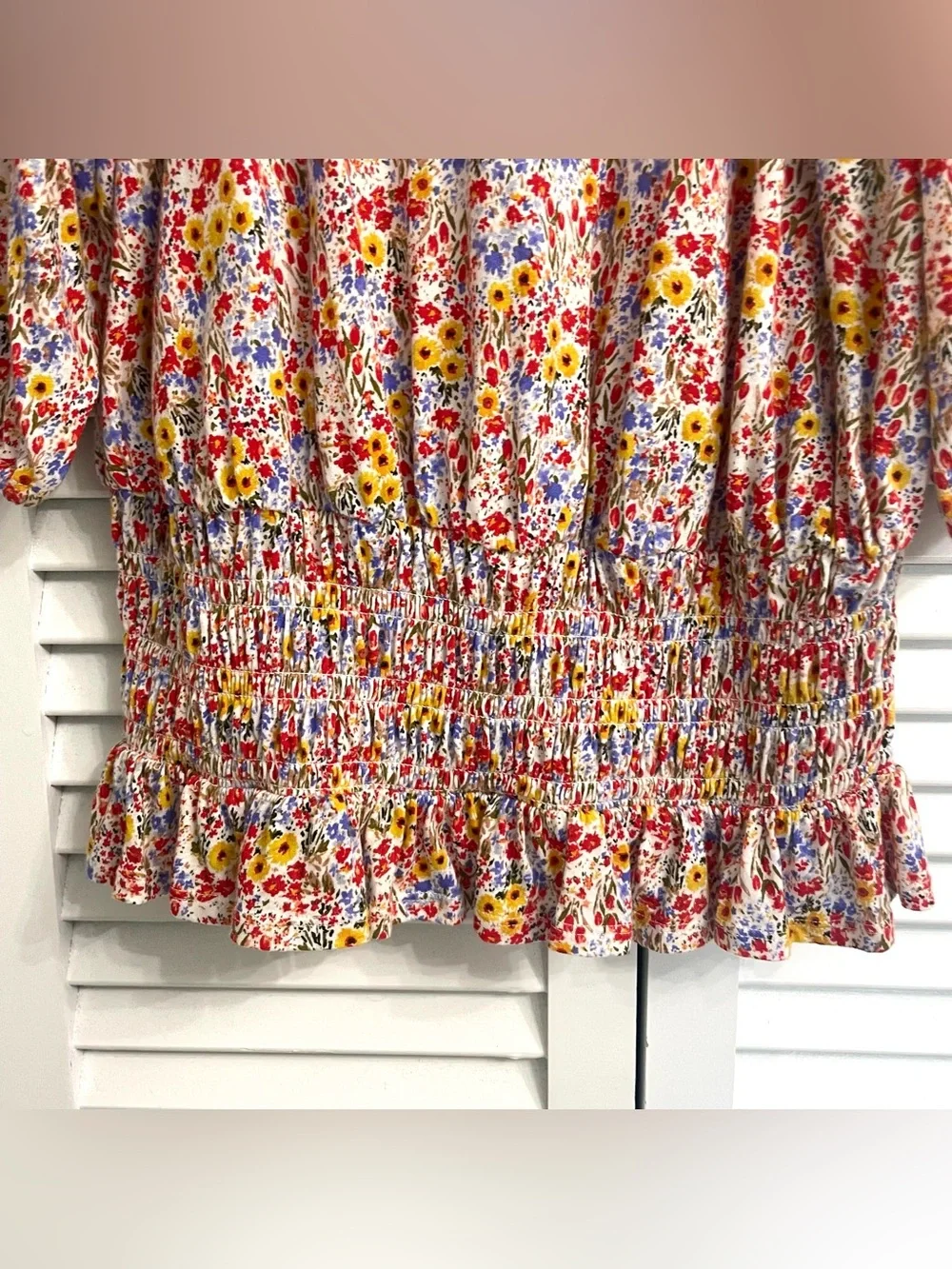 LOFT Outlet Multicolor Floral Smocked Off Shoulder Puff Sleeve Top Sz XS Cottage